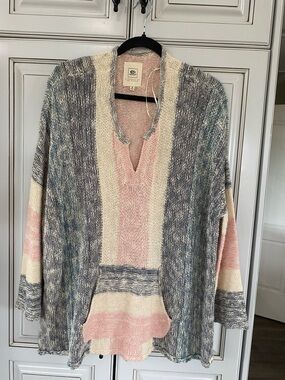 Rip Curl Striped V-Neck Knit Sweater in Pink, Cream & Blue